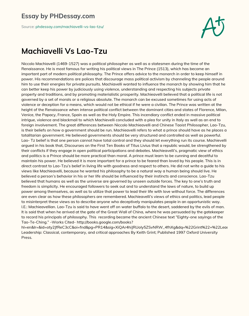 Machiavelli Vs Lao-Tzu essay