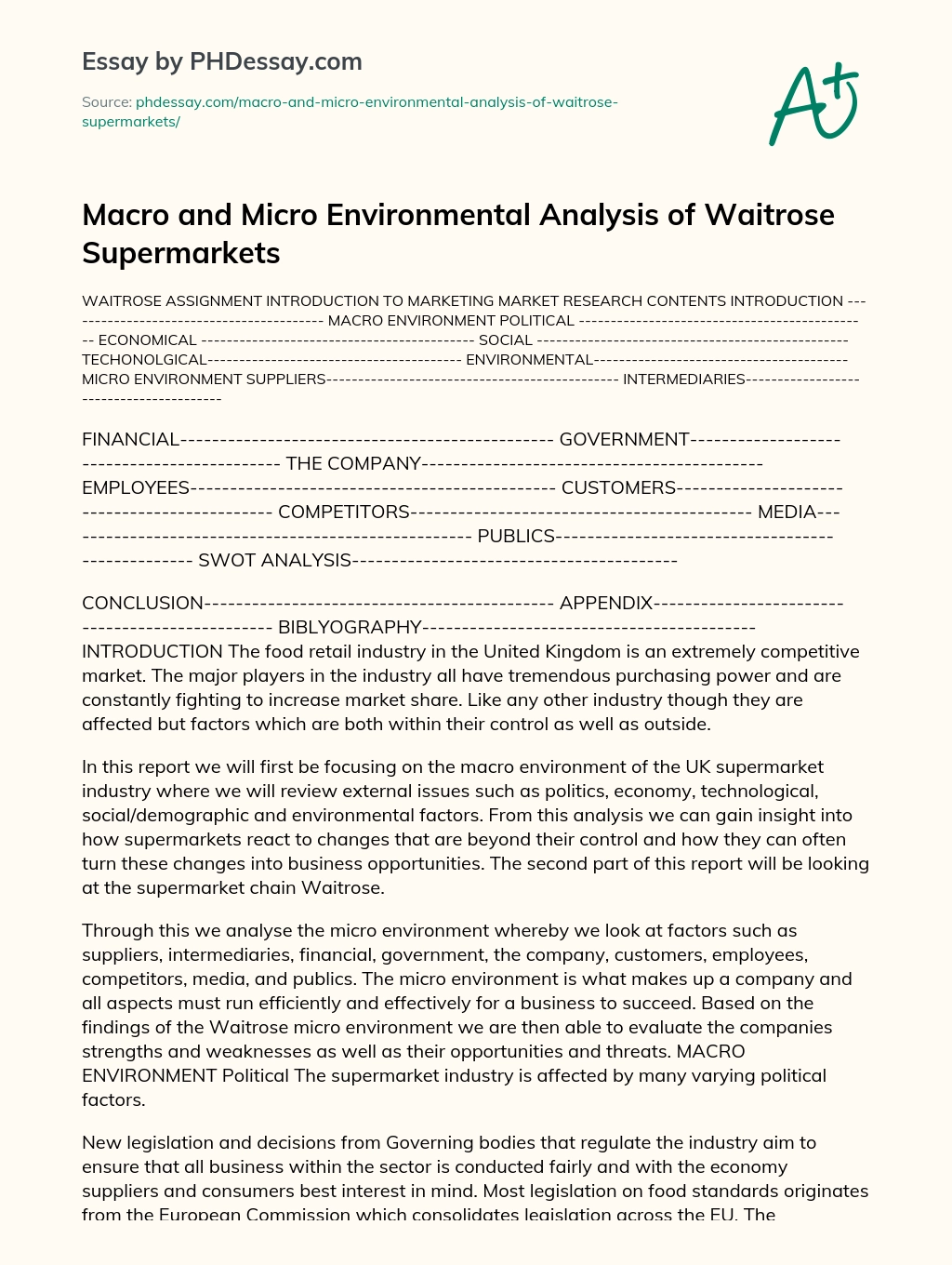 Macro and Micro Environmental Analysis of Waitrose Supermarkets essay