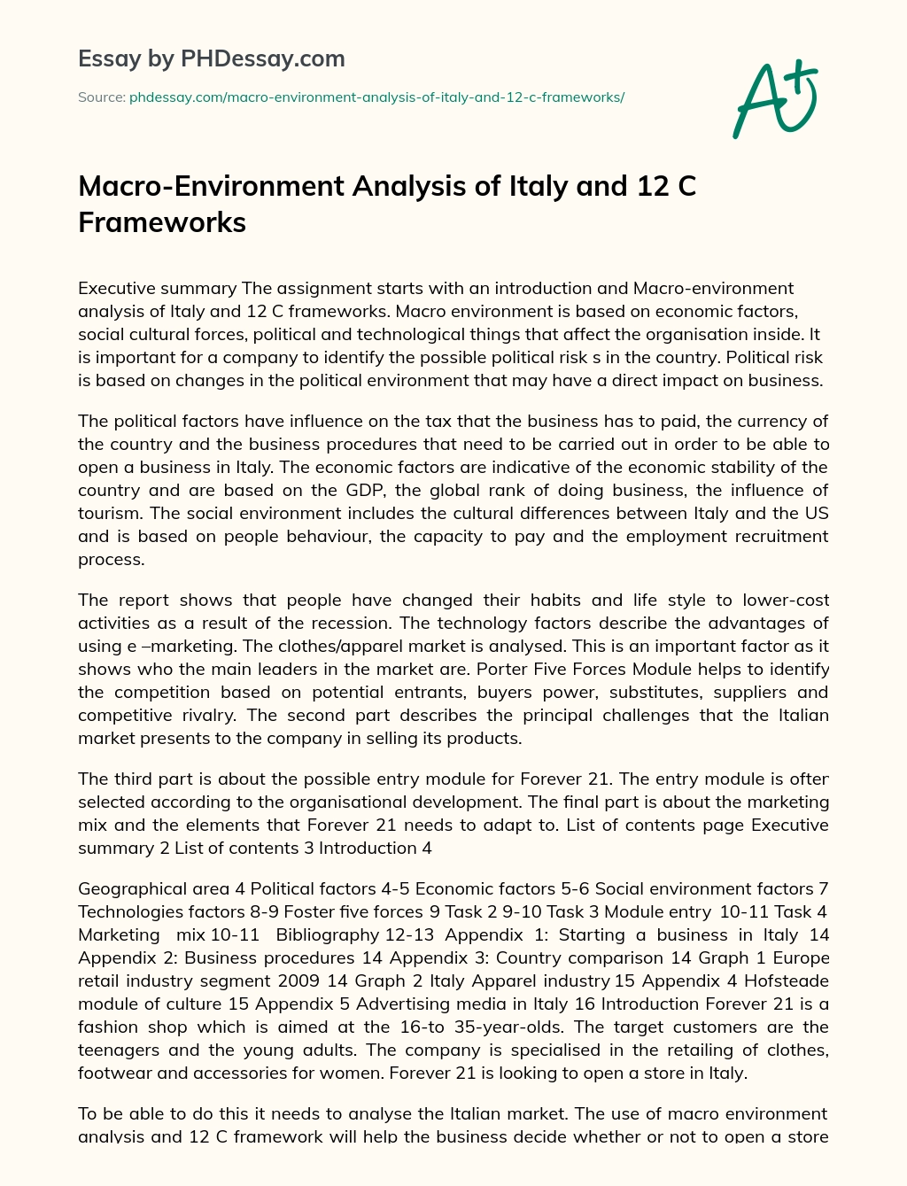 Macro-Environment Analysis of Italy and 12 C Frameworks essay