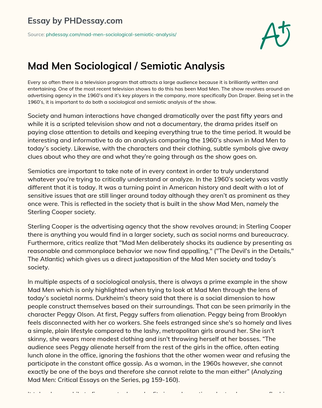 Mad Men Sociological / Semiotic Analysis essay