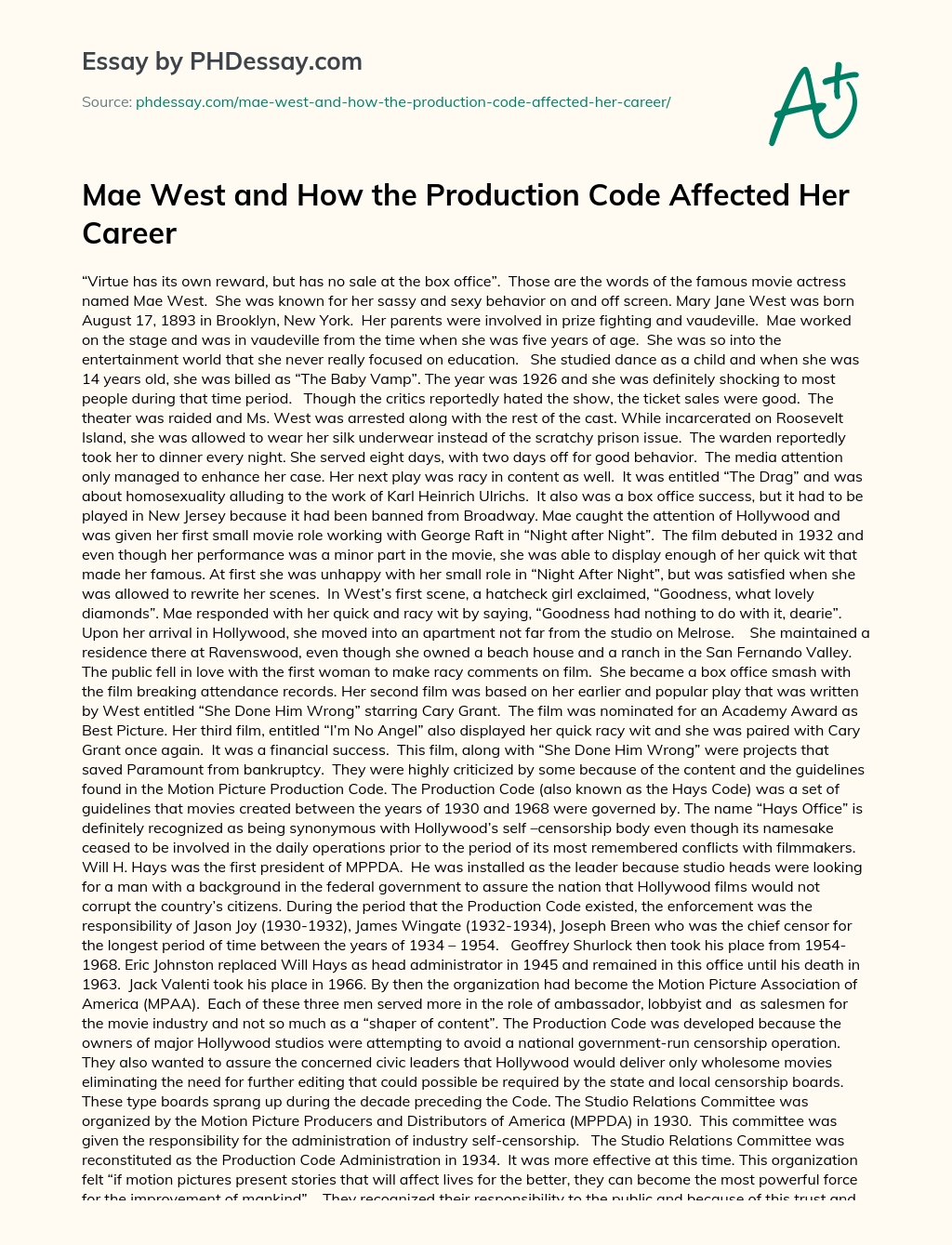 Mae West and How the Production Code Affected Her Career essay