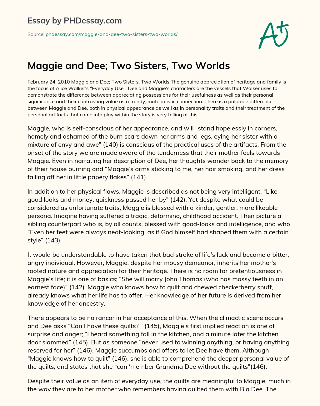 Maggie and Dee; Two Sisters, Two Worlds essay