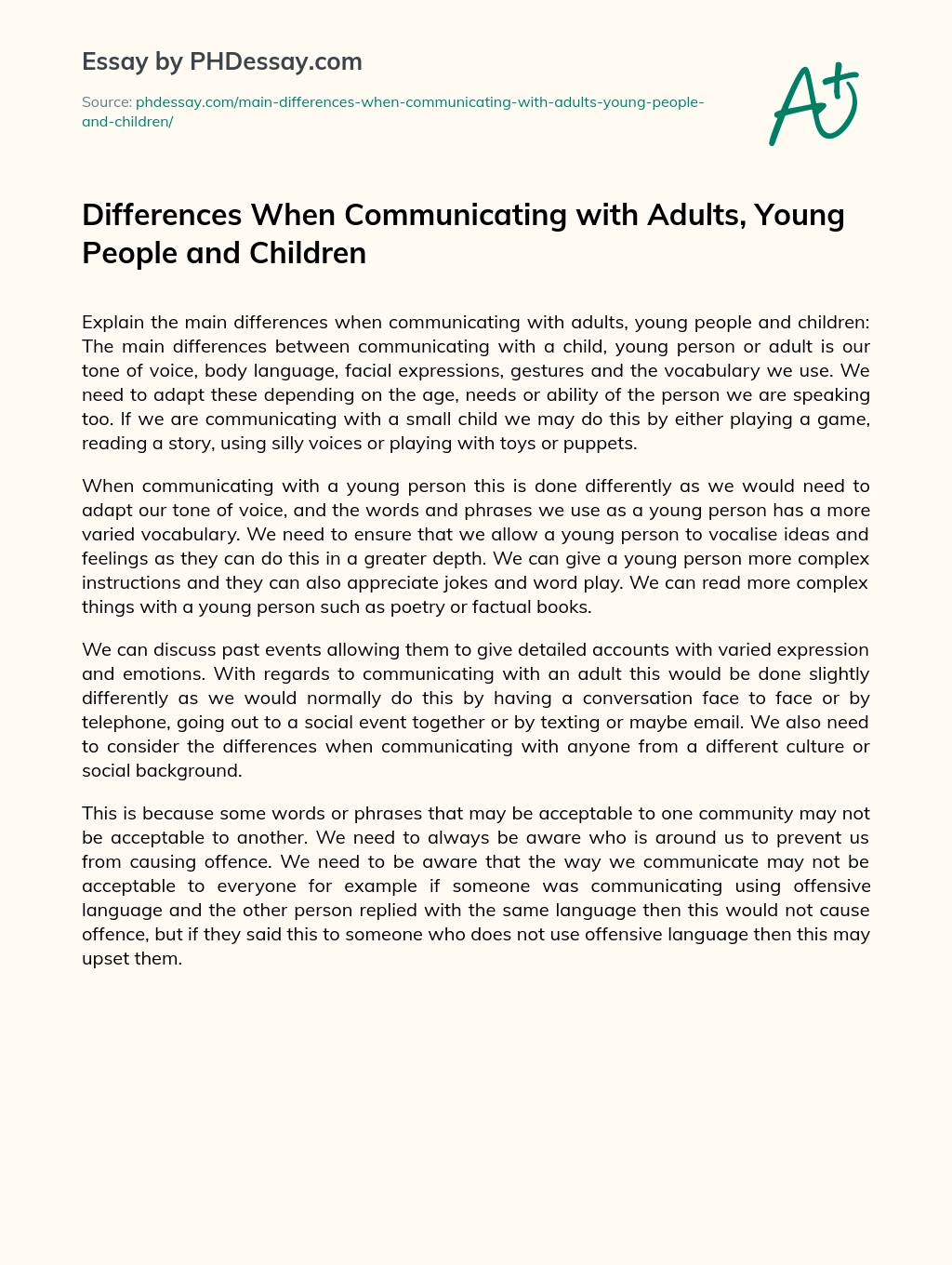 Differences When Communicating with Adults, Young People and Children essay