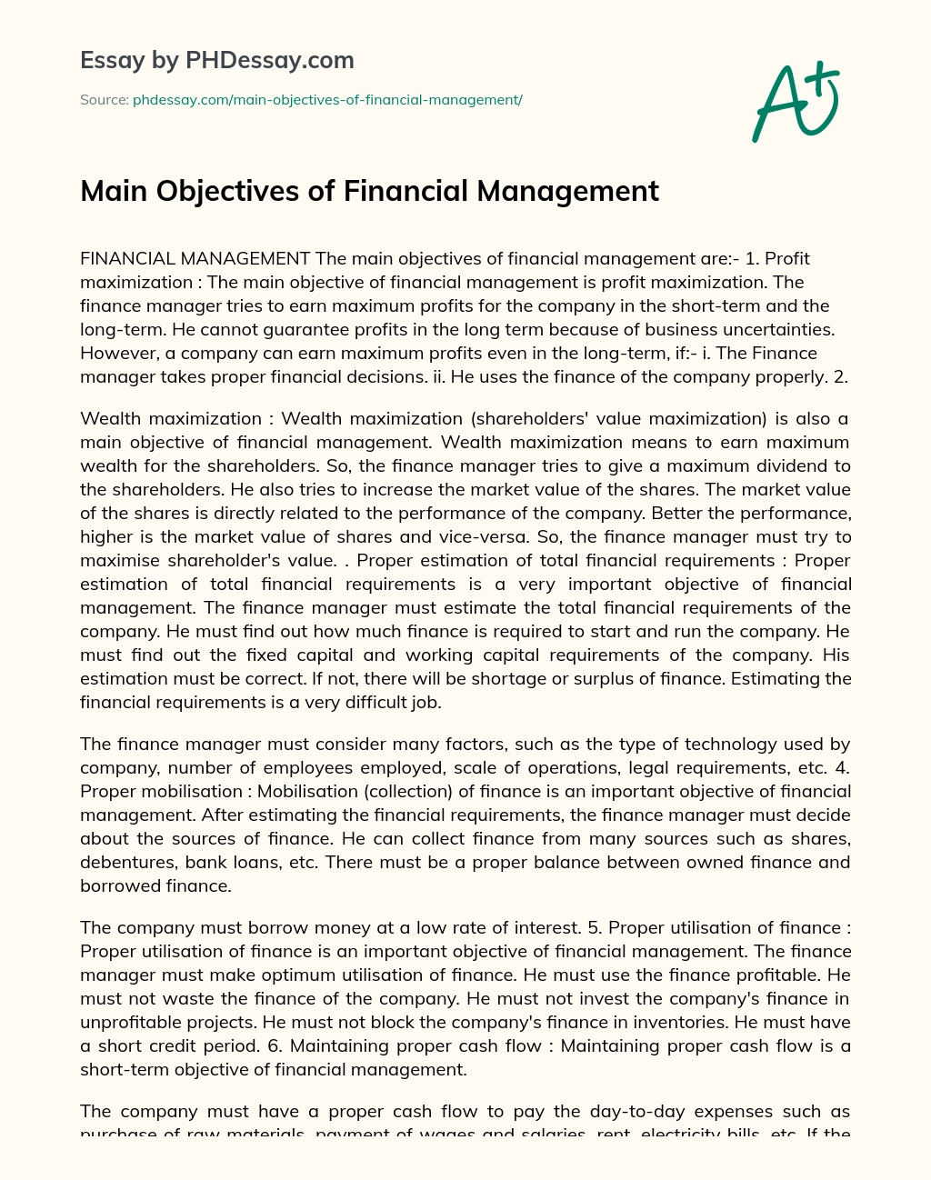 Main Objectives of Financial Management essay