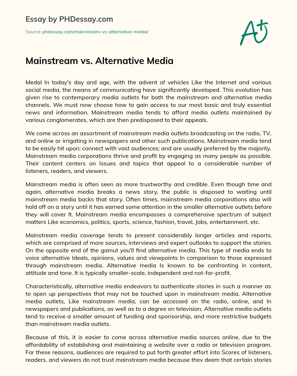 Mainstream vs. Alternative Media essay