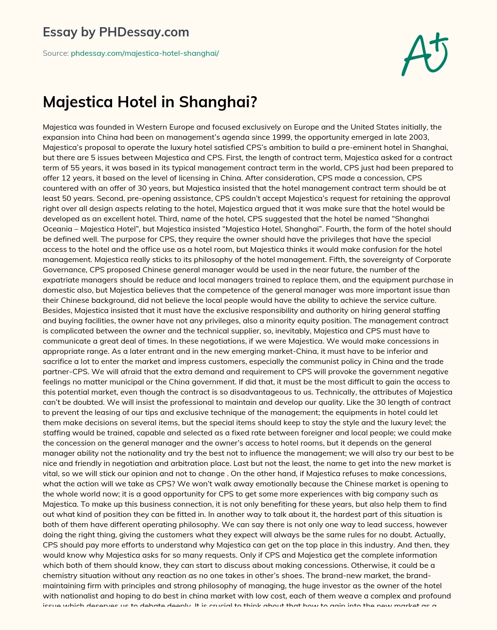 Majestica Hotel in Shanghai? essay