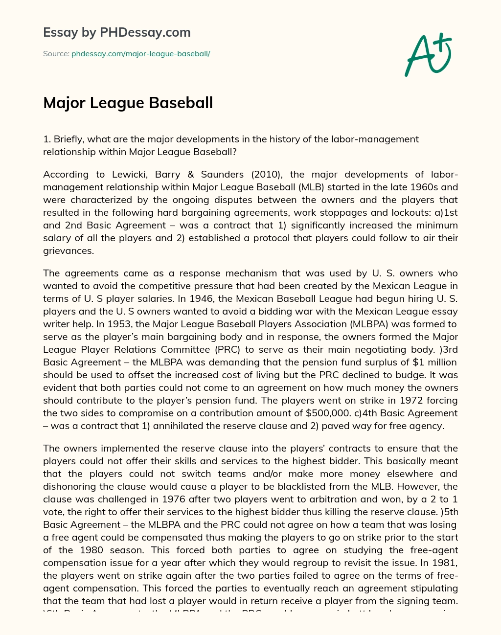 Major League Baseball essay
