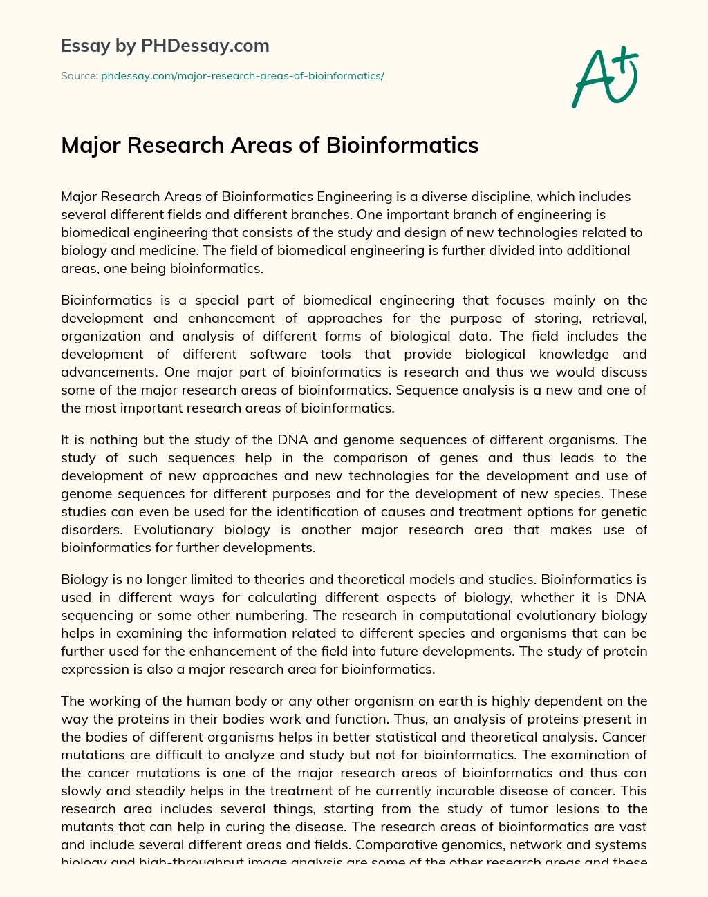 Major Research Areas of Bioinformatics essay