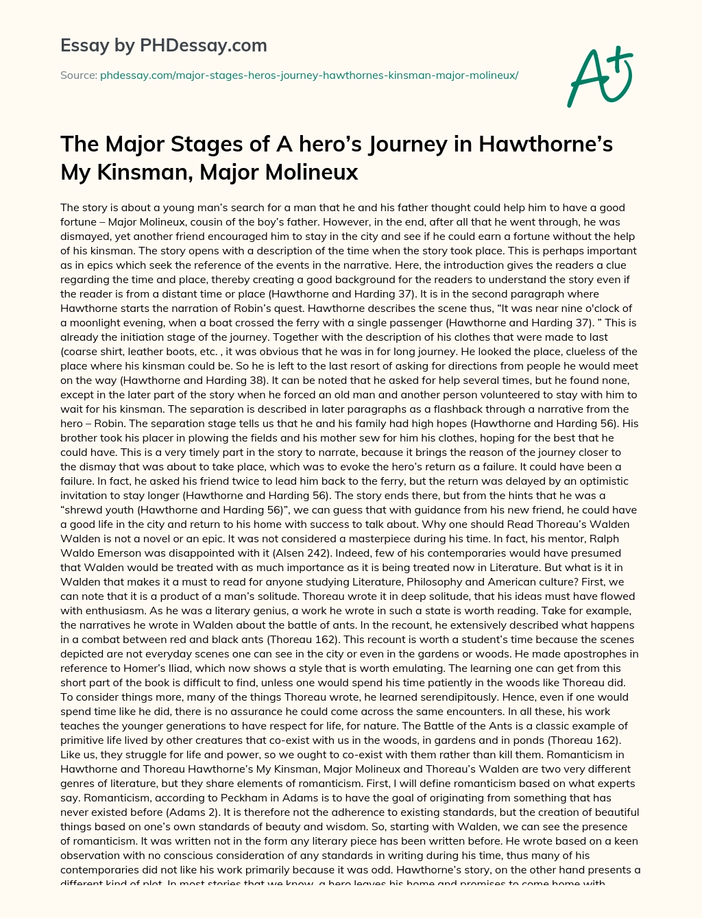 The Major Stages of A hero’s Journey in Hawthorne’s My Kinsman, Major Molineux essay