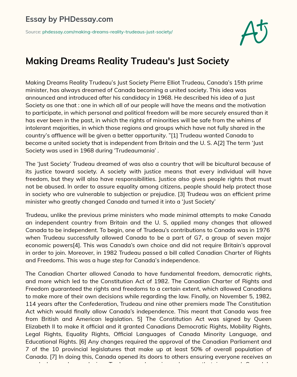 Making Dreams Reality Trudeau’s Just Society essay