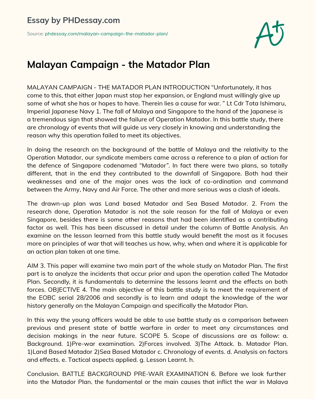 Malayan Campaign – the Matador Plan essay