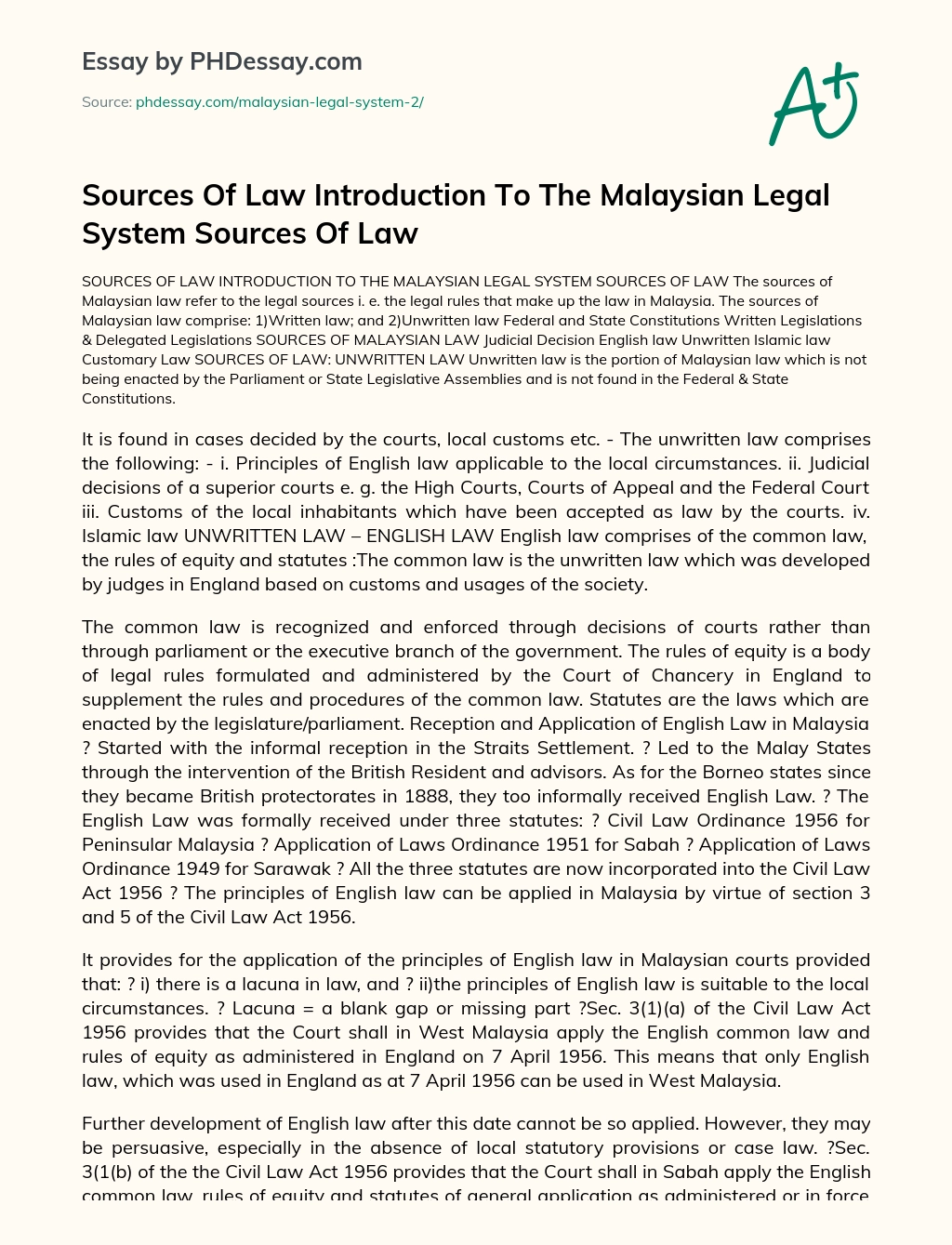 Sources Of Law Introduction To The Malaysian Legal System Sources Of Law essay