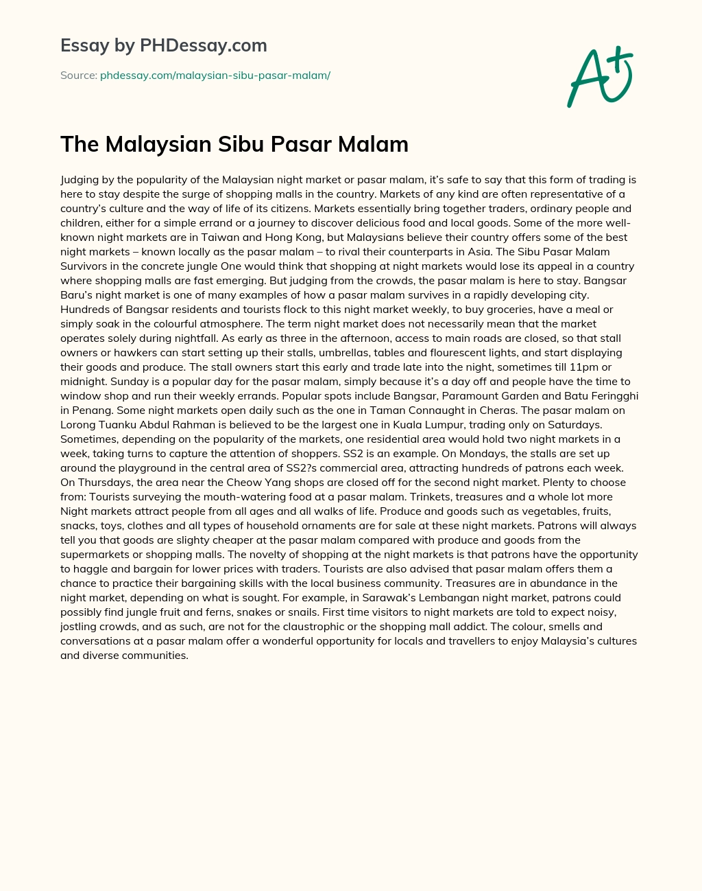 The Malaysian Sibu Pasar Malam essay