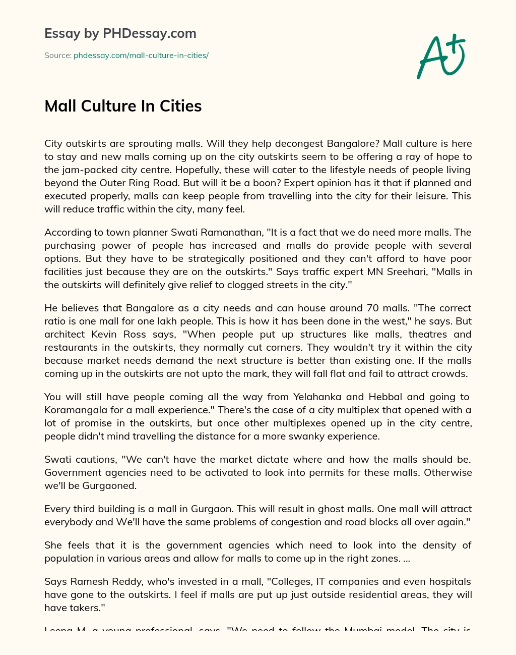 Mall Culture In Cities essay