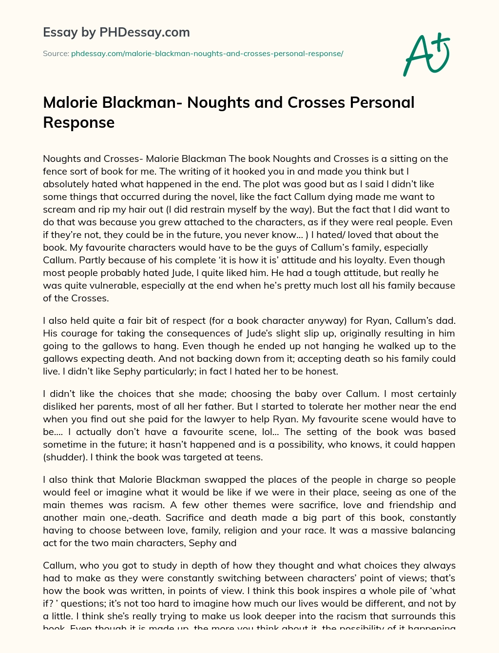 Malorie Blackman- Noughts and Crosses Personal Response essay