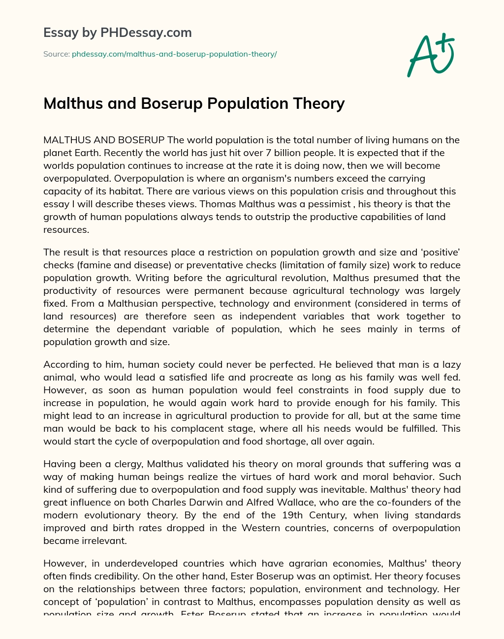Malthus and Boserup Population Theory essay
