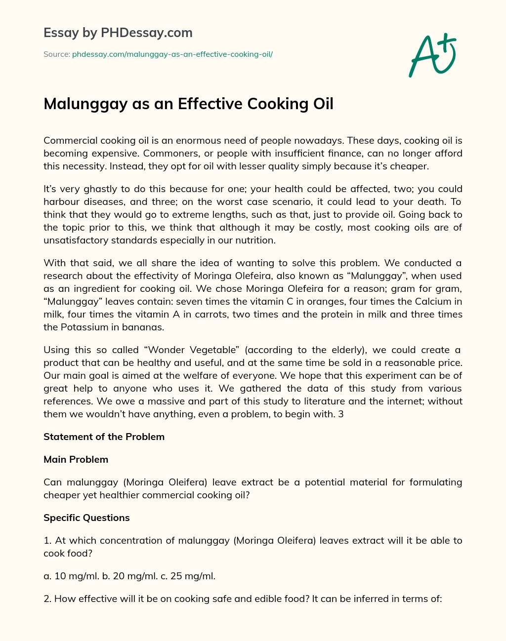 Malunggay as an Effective Cooking Oil essay