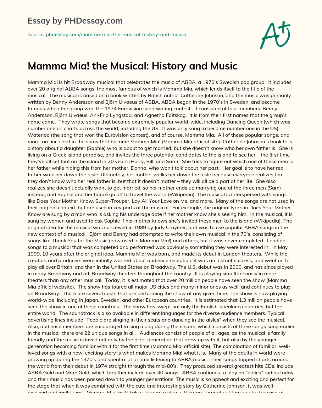 Mamma Mia! the Musical: History and Music essay