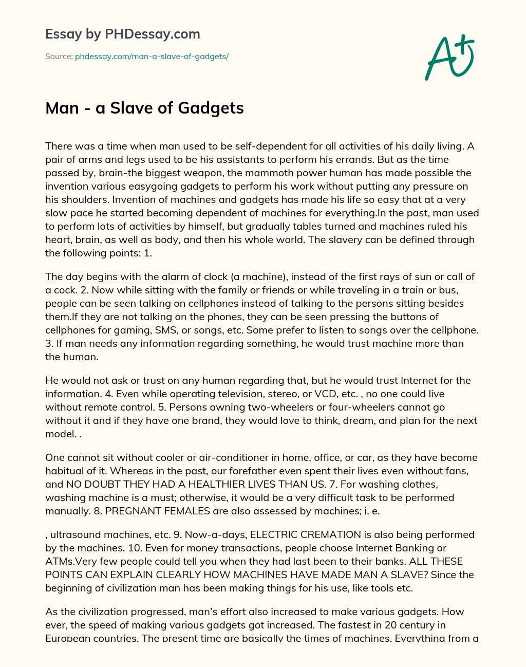 Man – a Slave of Gadgets essay