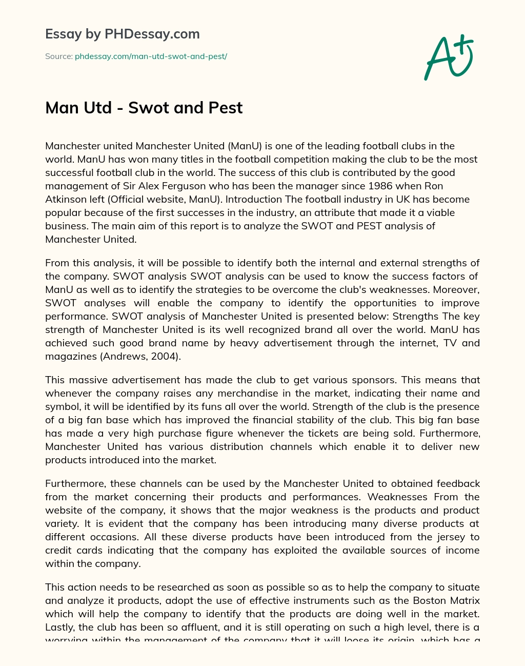 Man Utd – Swot and Pest essay