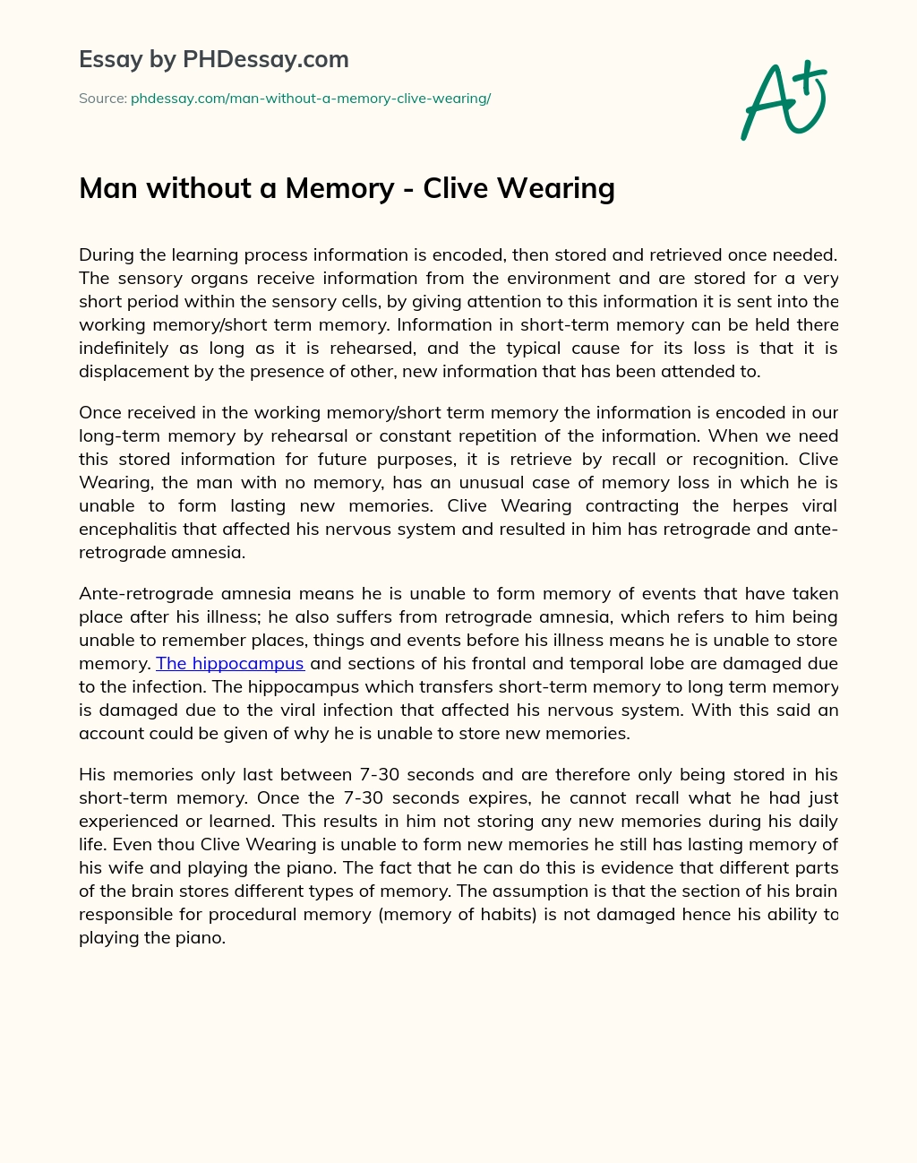 Man without a Memory – Clive Wearing essay