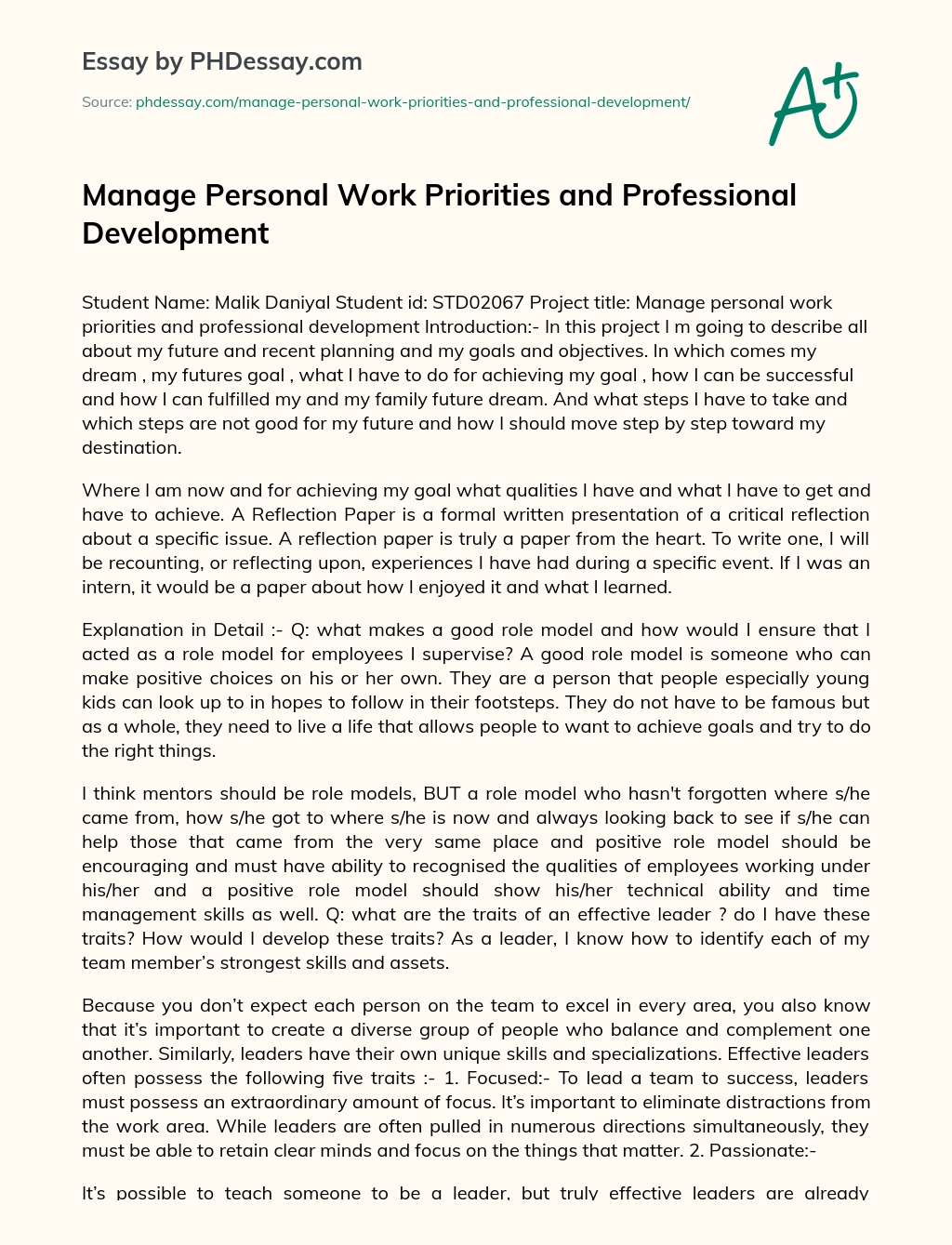 Manage Personal Work Priorities and Professional Development essay