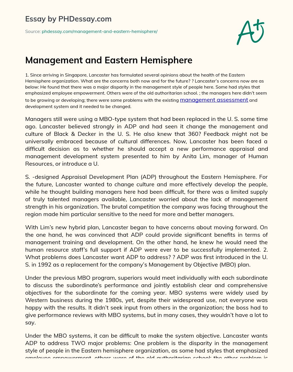 Management and Eastern Hemisphere essay