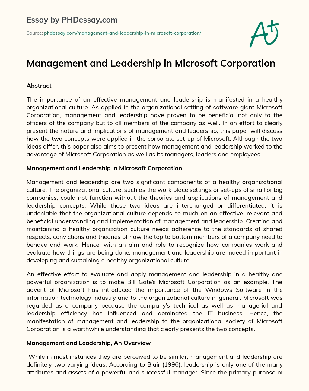 Management and Leadership in Microsoft Corporation essay