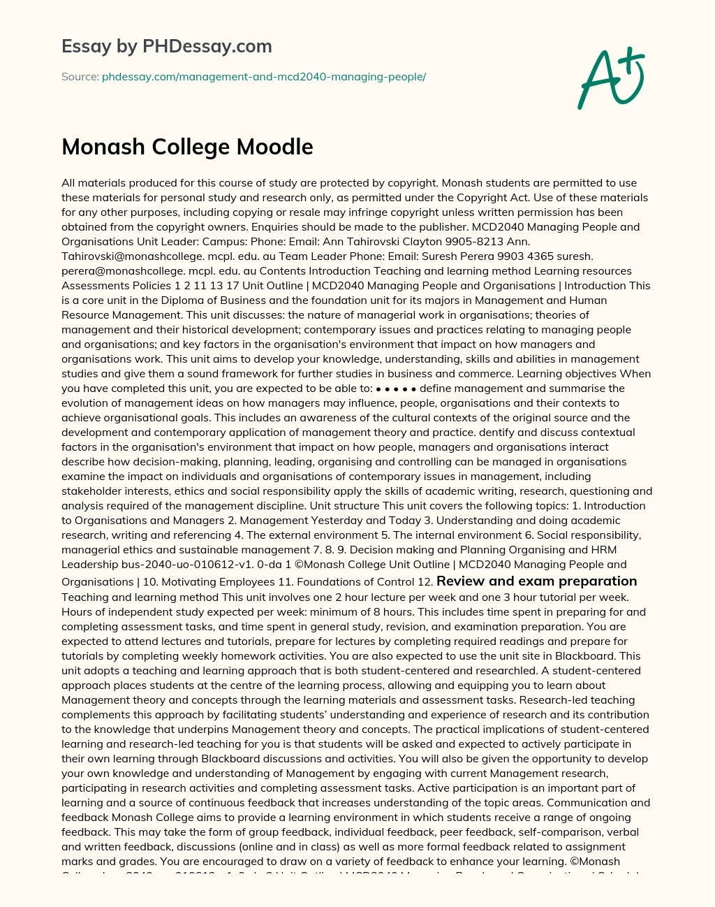 Monash College Moodle essay