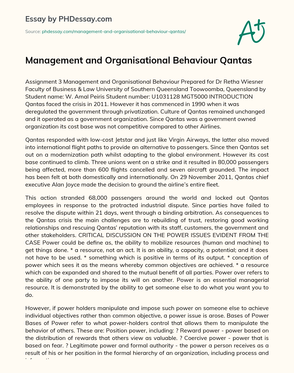 Management and Organisational Behaviour Qantas essay
