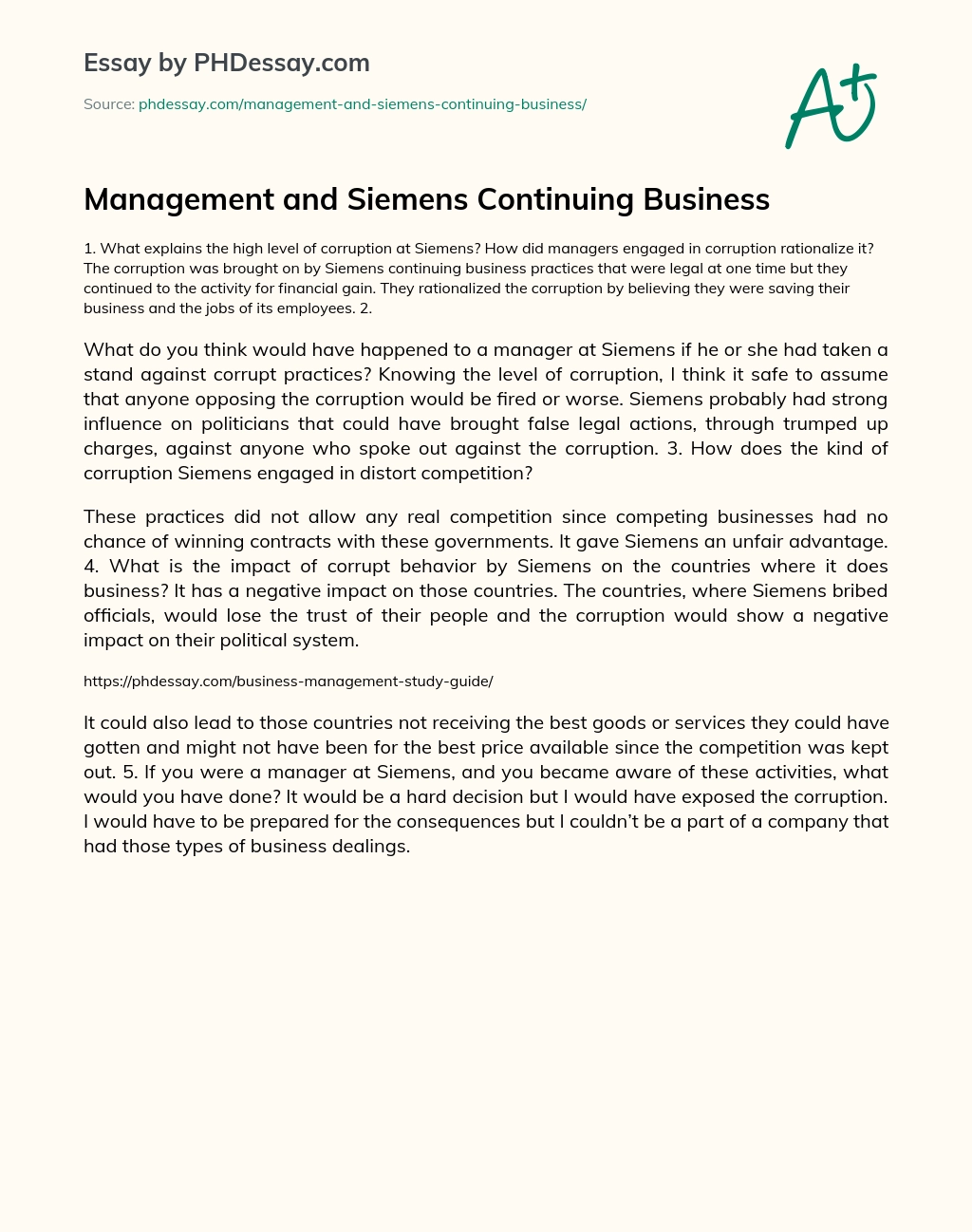 Management and Siemens Continuing Business essay