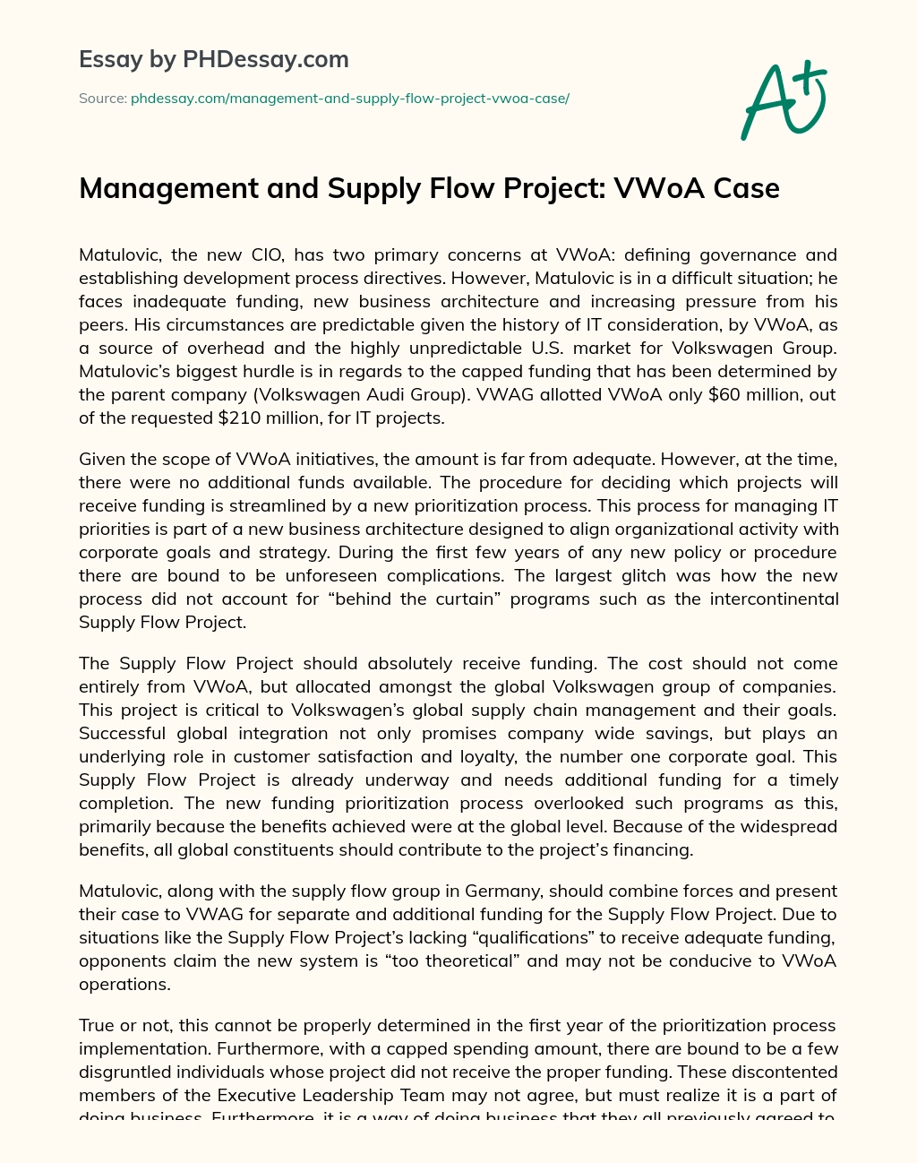Management and Supply Flow Project: VWoA Case essay