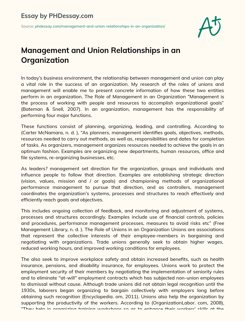 Management and Union Relationships in an Organization essay