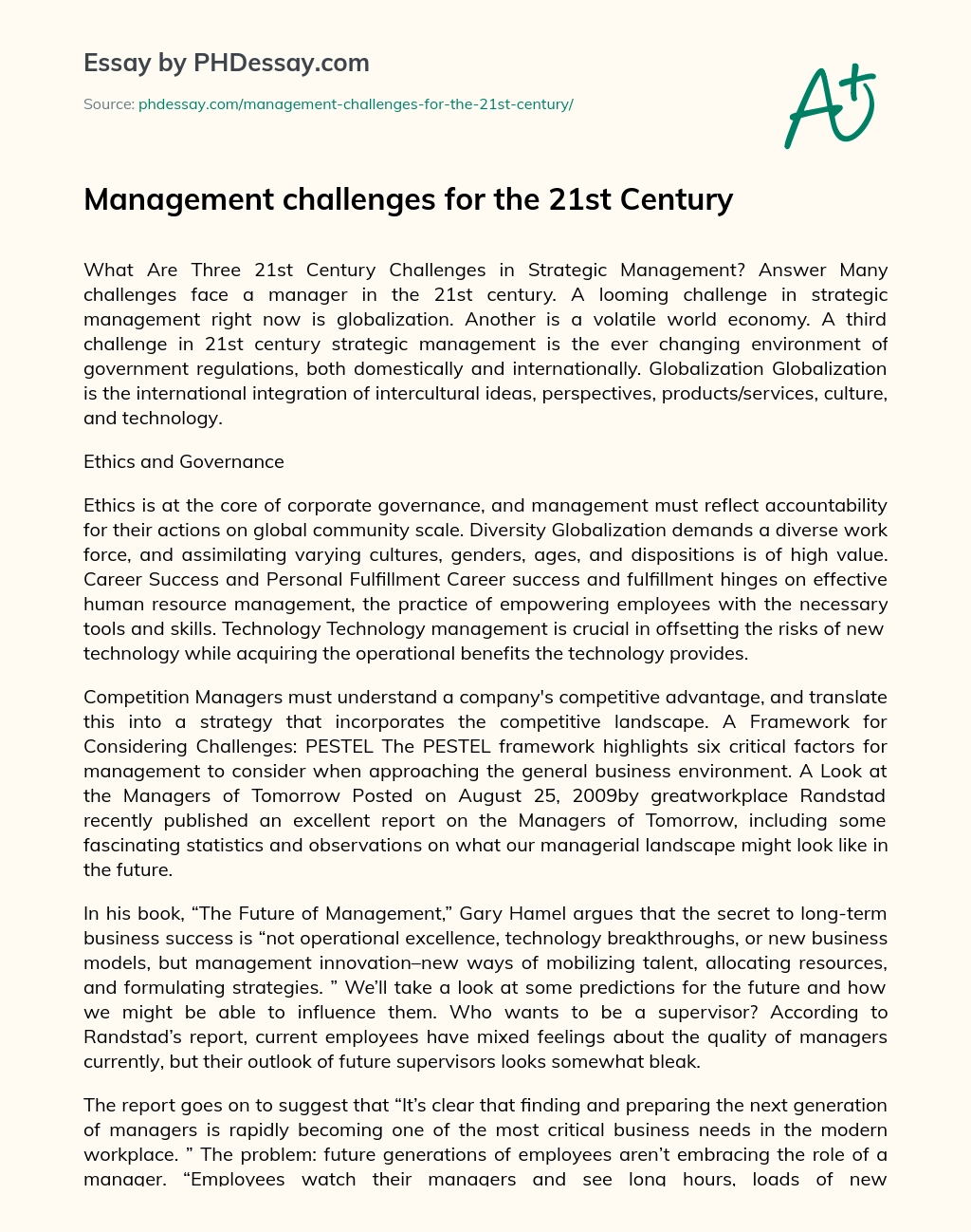 Management challenges for the 21st Century essay