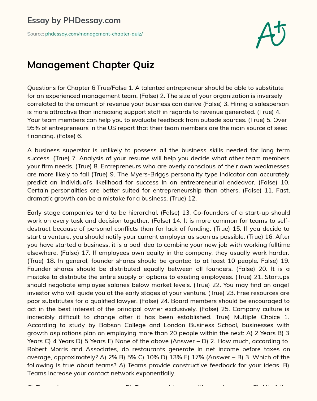 Management Chapter Quiz essay