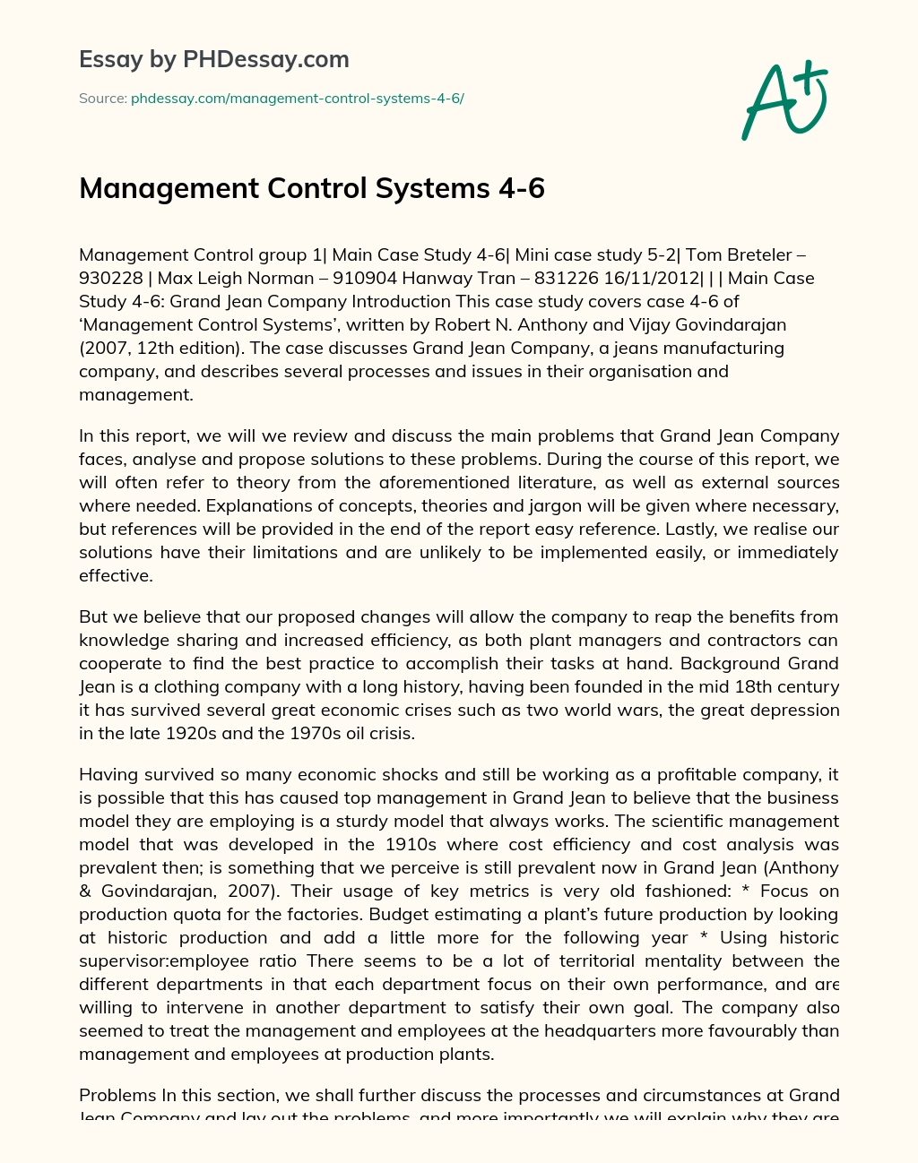 Management Control Systems 4-6 essay