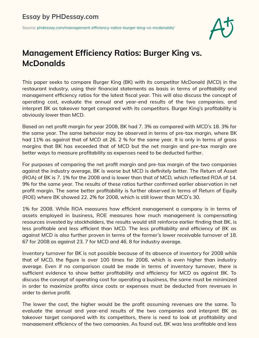 Management Efficiency Ratios: Burger King vs. McDonalds essay