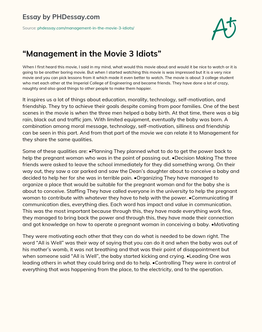 Management in the Movie 3 Idiots essay