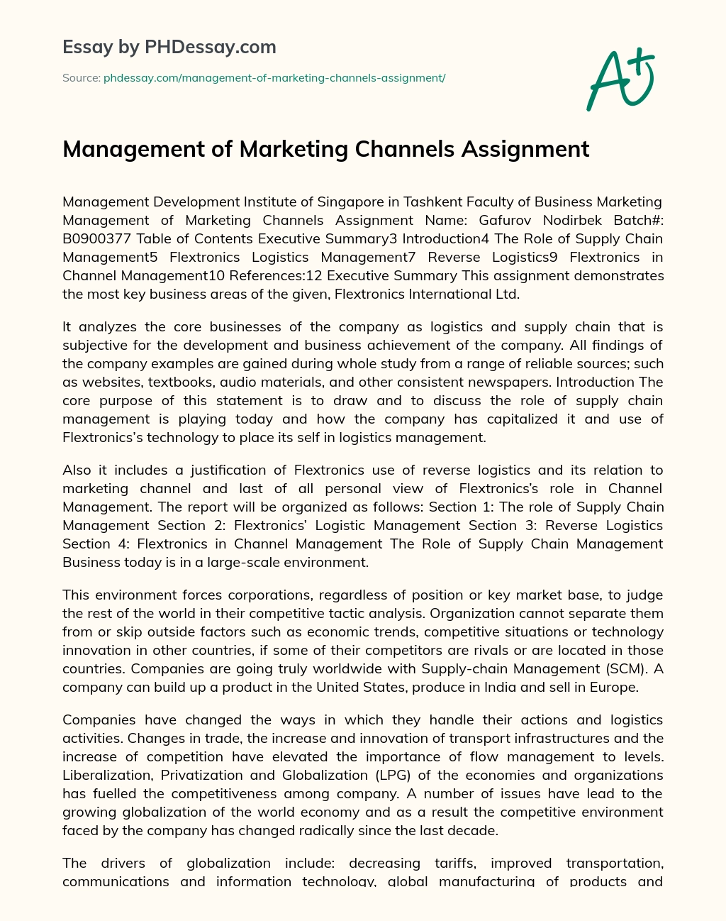 Management of Marketing Channels Assignment essay