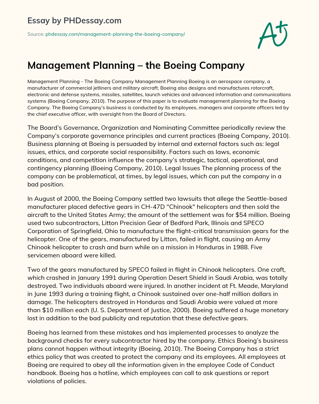 Management Planning – the Boeing Company essay