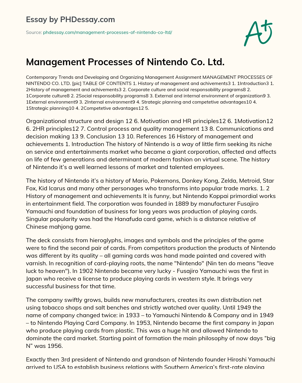 Management Processes of Nintendo Co. Ltd. essay