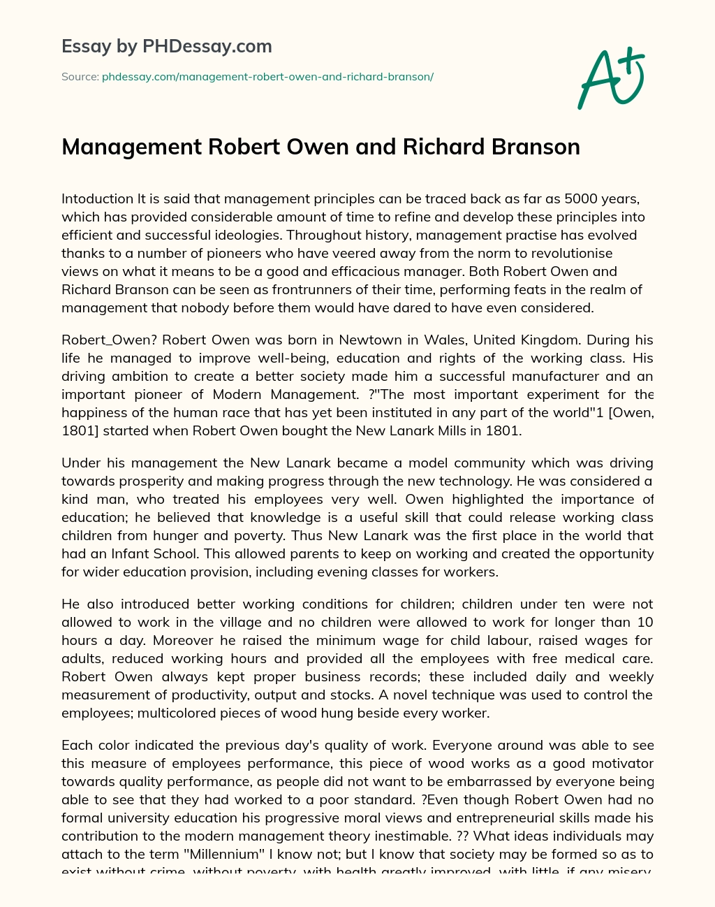 Management Robert Owen and Richard Branson essay