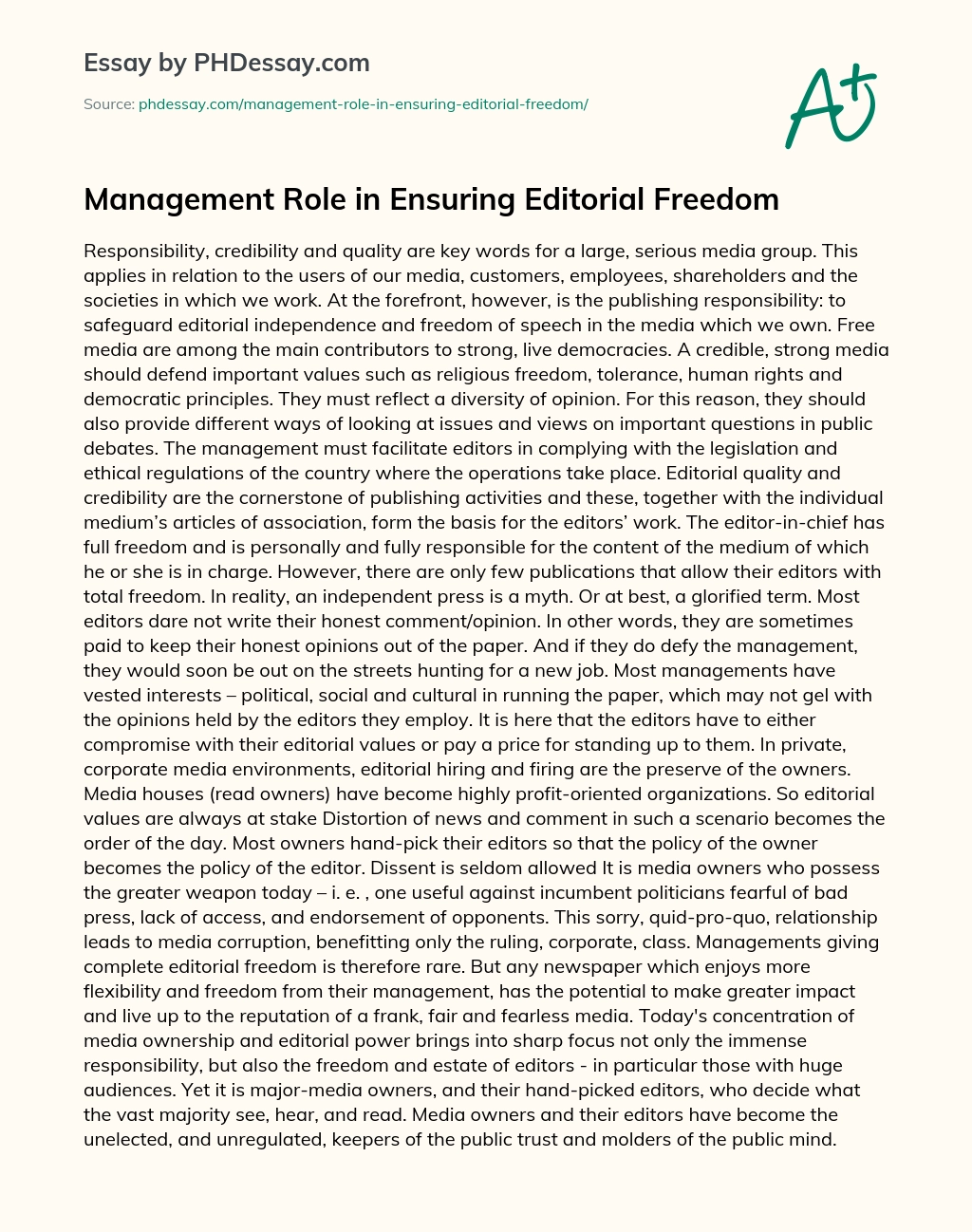 Management Role in Ensuring Editorial Freedom essay