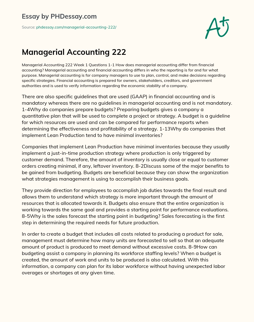 Managerial Accounting 222 essay