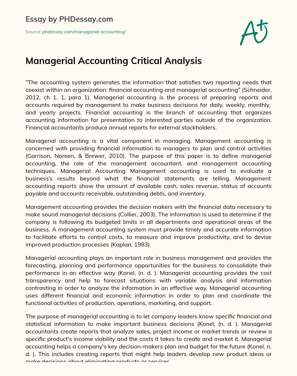 Managerial Accounting Critical Analysis essay