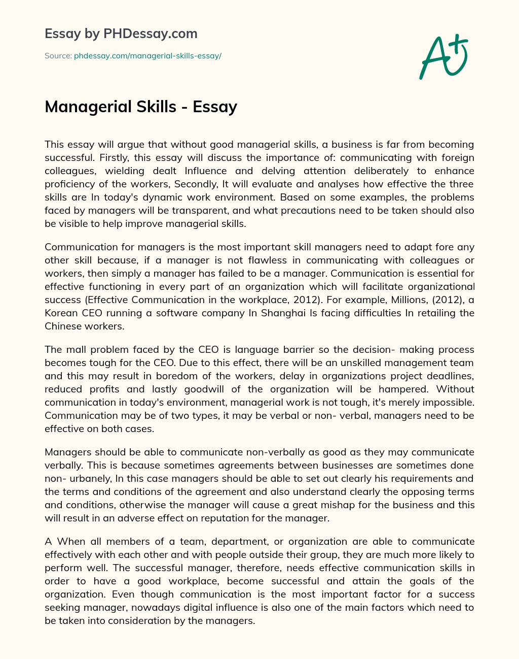 Managerial Skills – Essay essay