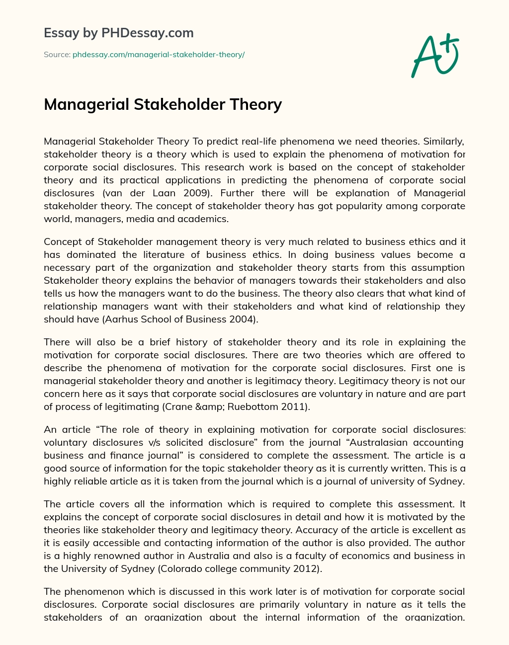 Managerial Stakeholder Theory essay