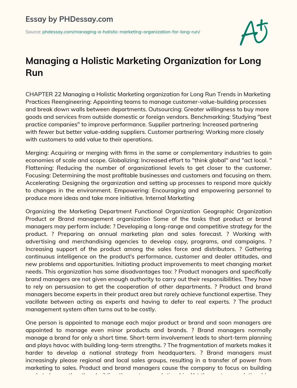 Managing a Holistic Marketing Organization for Long Run essay