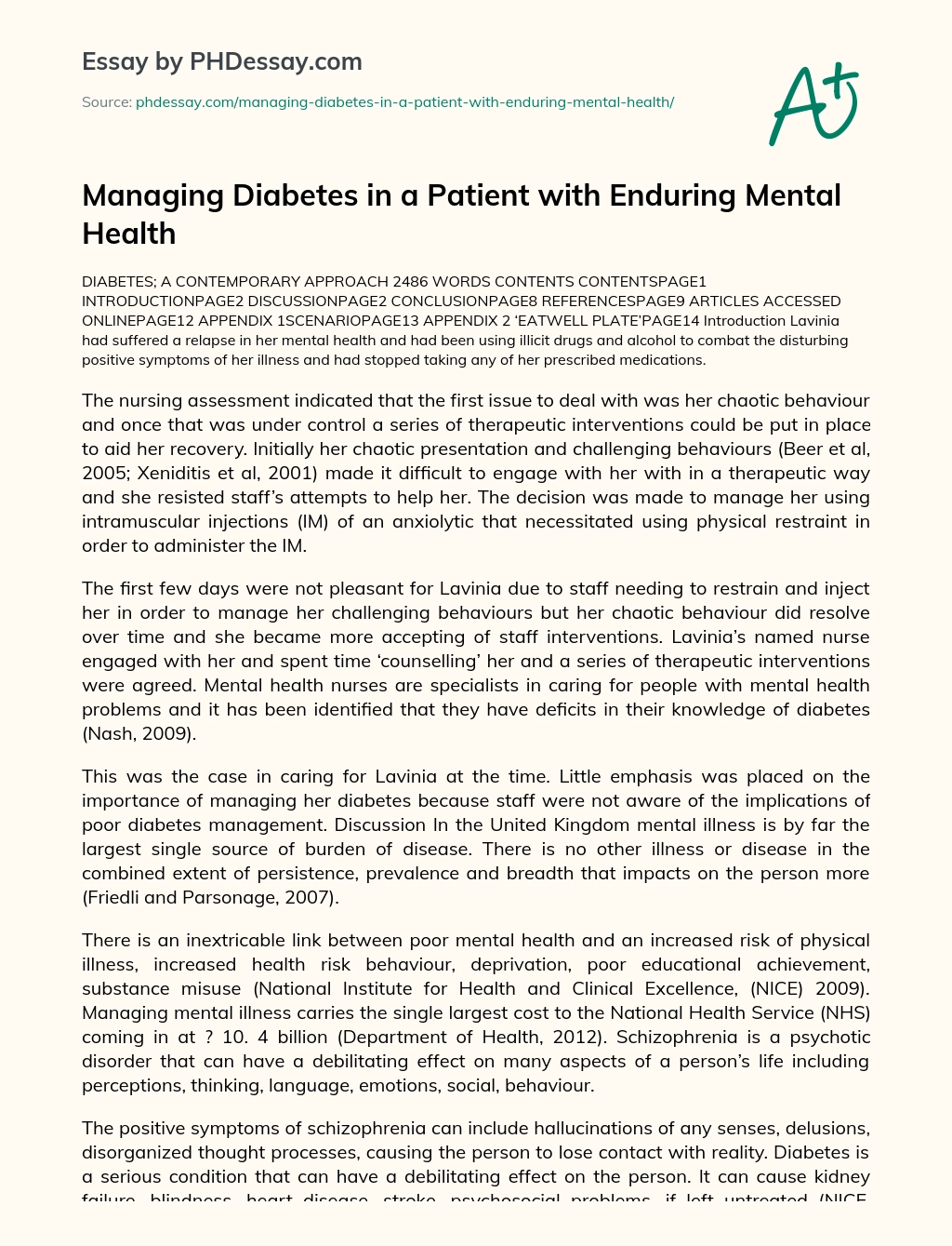 Managing Diabetes in a Patient with Enduring Mental Health essay