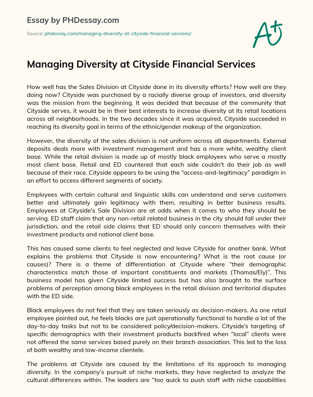 Managing Diversity at Cityside Financial Services essay